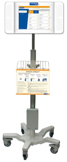iPad cart with white speakers on both sides of the iPad